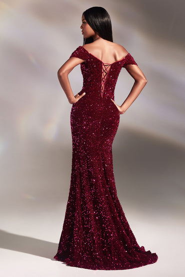 Red | Off-Shoulder Sequin Slit Gown – Sweetheart Neckline Formal Dress  CDCA109-1