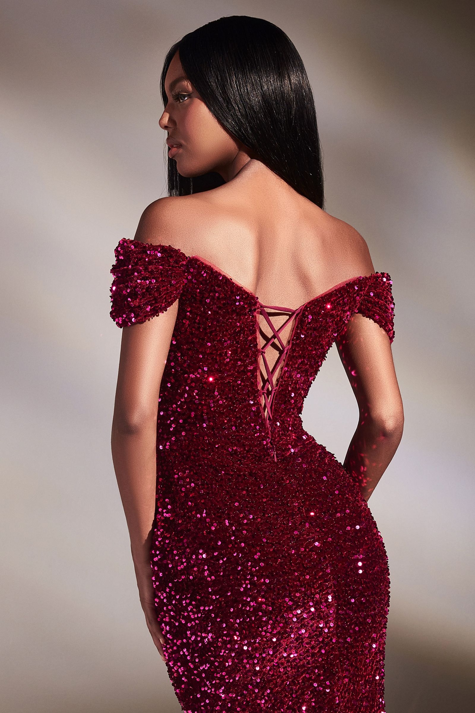 Red | Off-Shoulder Sequin Slit Gown – Sweetheart Neckline Formal Dress  CDCA109-2