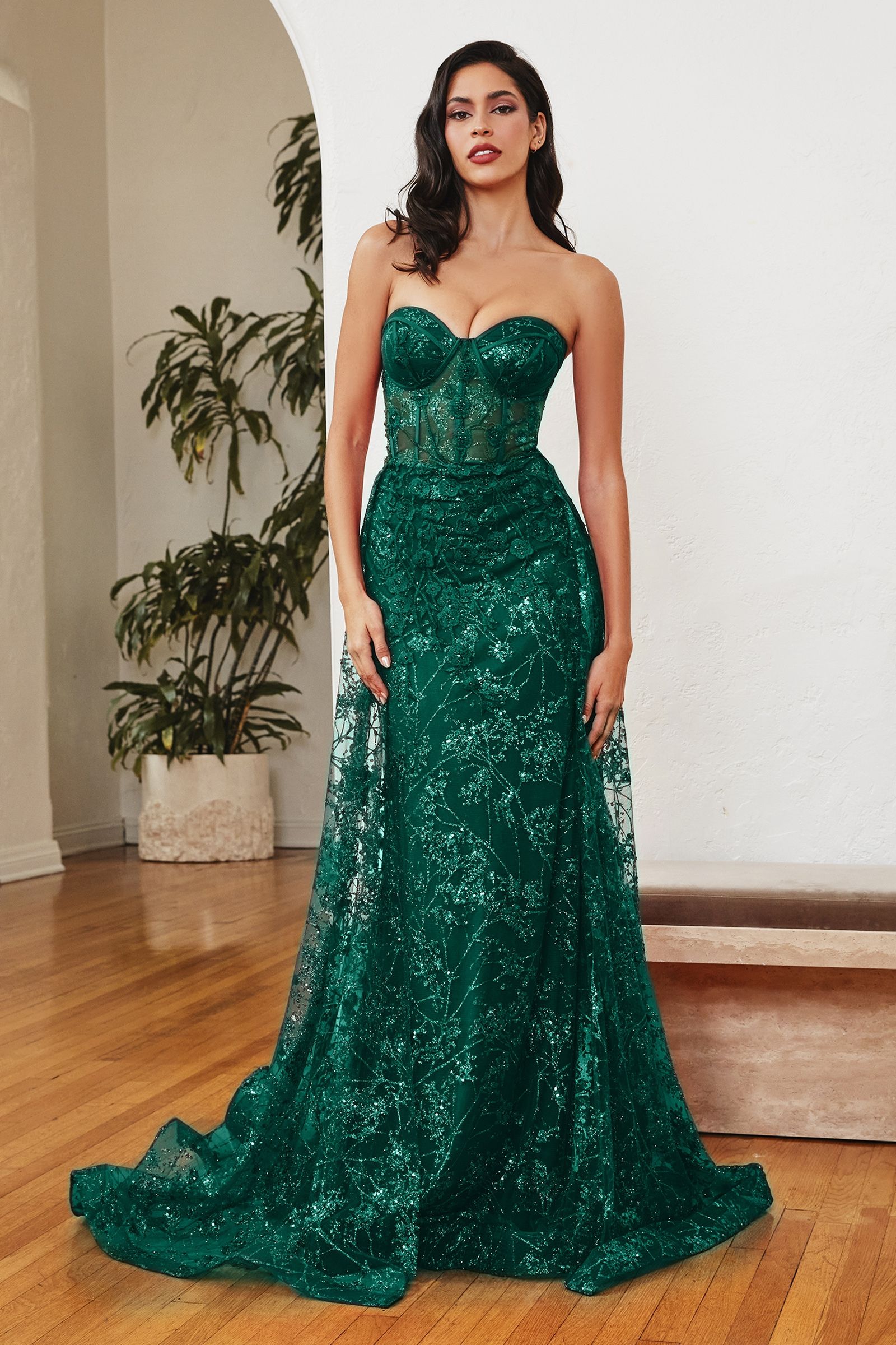 Dusty Blue, Red, Green Strapless Glitter Lace Gown with Detachable Overskirt  CDCB046-5