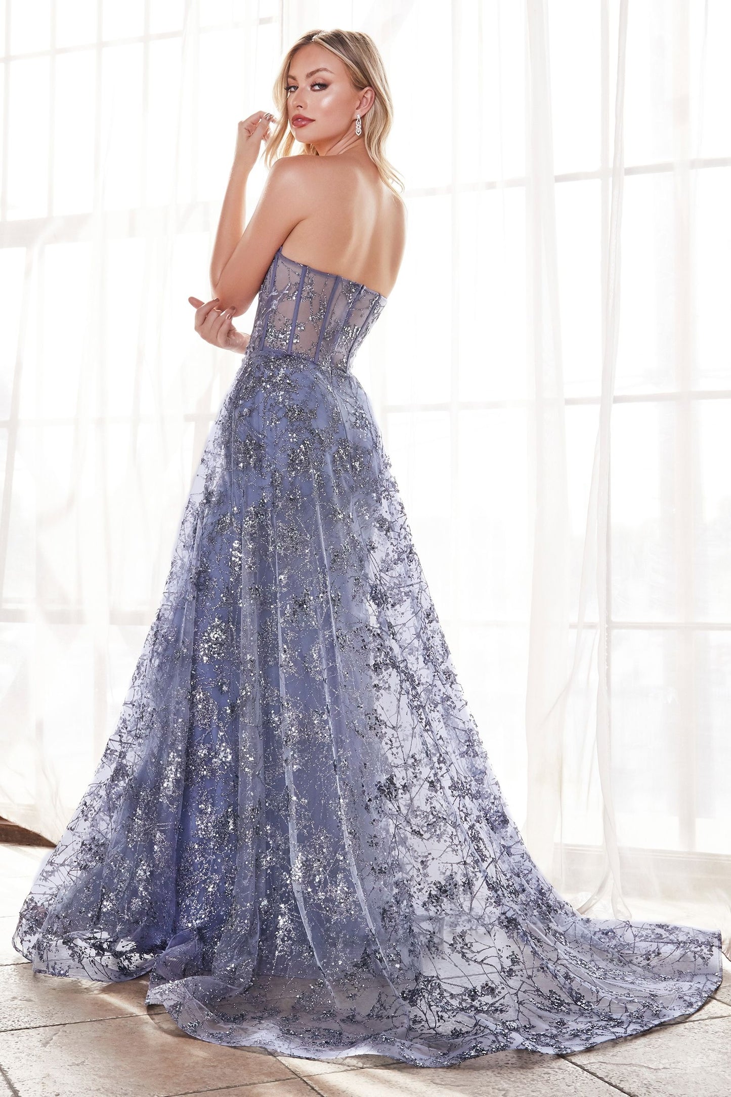 Dusty Blue, Red, Green Strapless Glitter Lace Gown with Detachable Overskirt  CDCB046-1