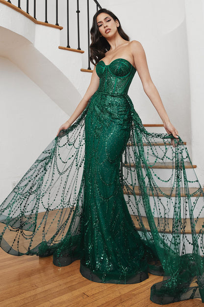 Beaded Corset Mermaid Gown with Detachable Overskirt – Strapless Formal Dress with Glitter Tulle CDCB095-0