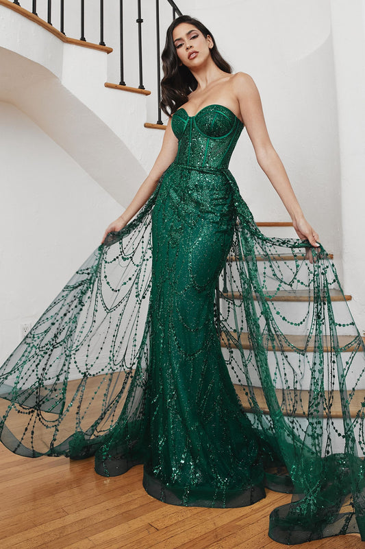 Beaded Corset Mermaid Gown with Detachable Overskirt – Strapless Formal Dress with Glitter Tulle CDCB095-0