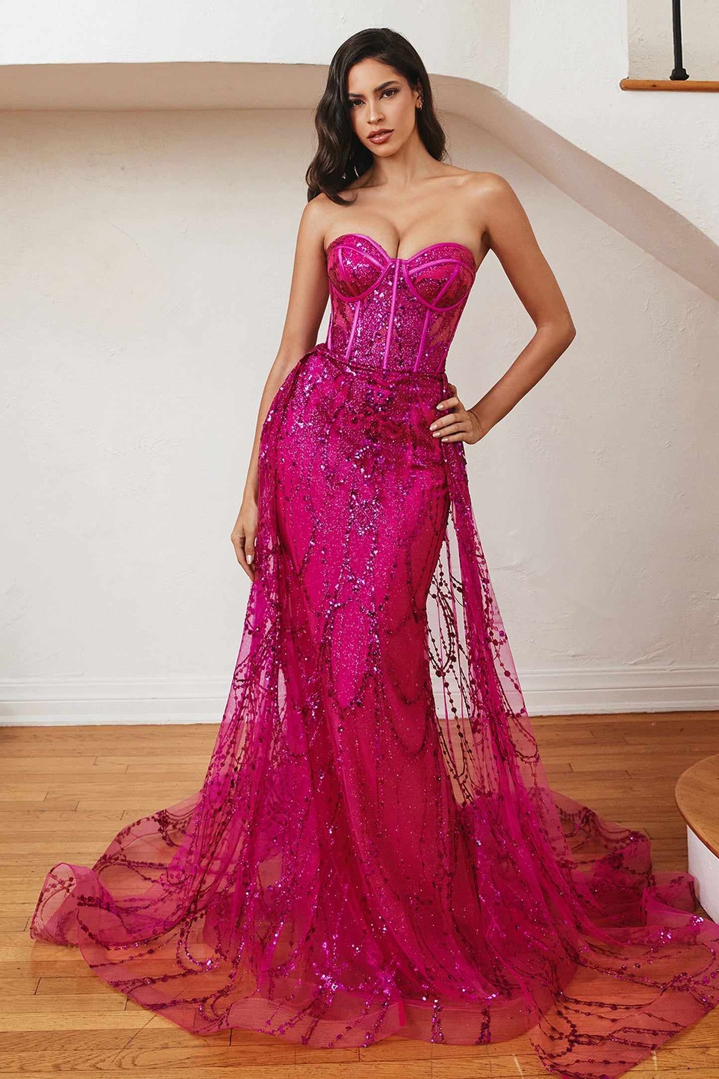 Beaded Corset Mermaid Gown with Detachable Overskirt – Strapless Formal Dress with Glitter Tulle CDCB095-2