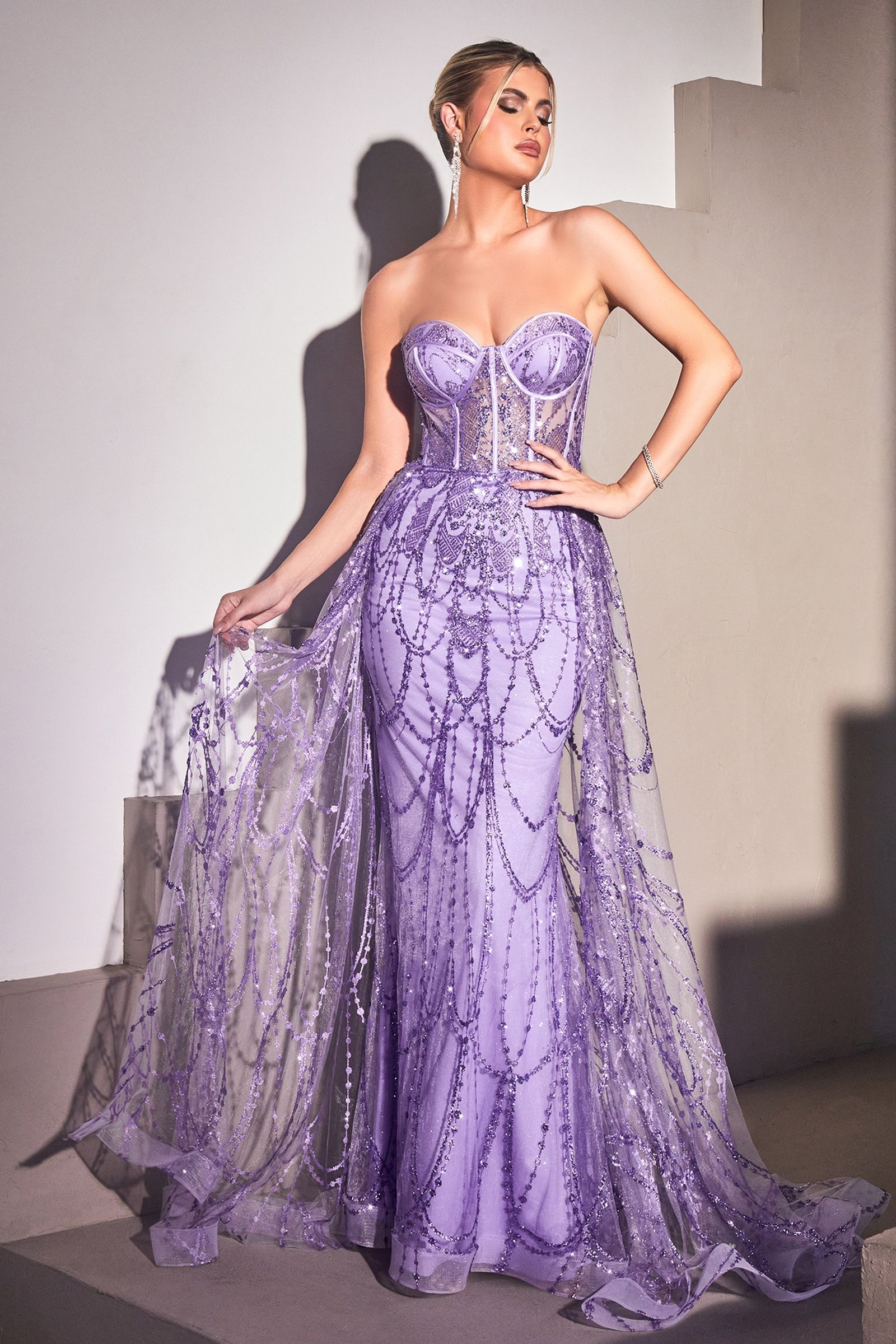 Beaded Corset Mermaid Gown with Detachable Overskirt – Strapless Formal Dress with Glitter Tulle CDCB095-3