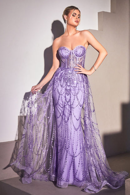 Beaded Corset Mermaid Gown with Detachable Overskirt – Strapless Formal Dress with Glitter Tulle CDCB095-3