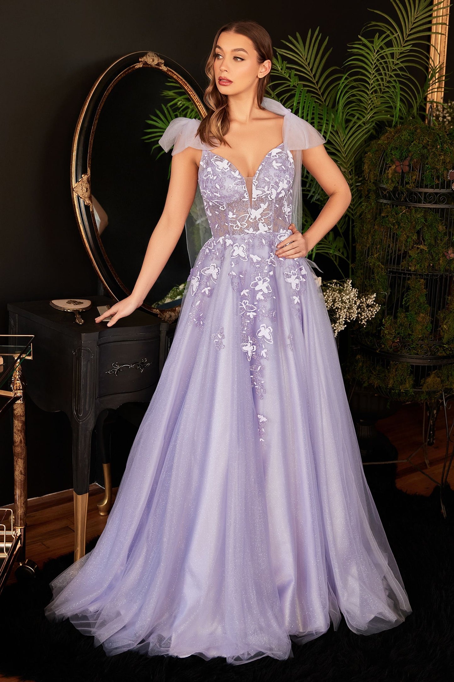A-Line Tulle Floral Detail Open V-Back Long Prom Dress CDCB097-2