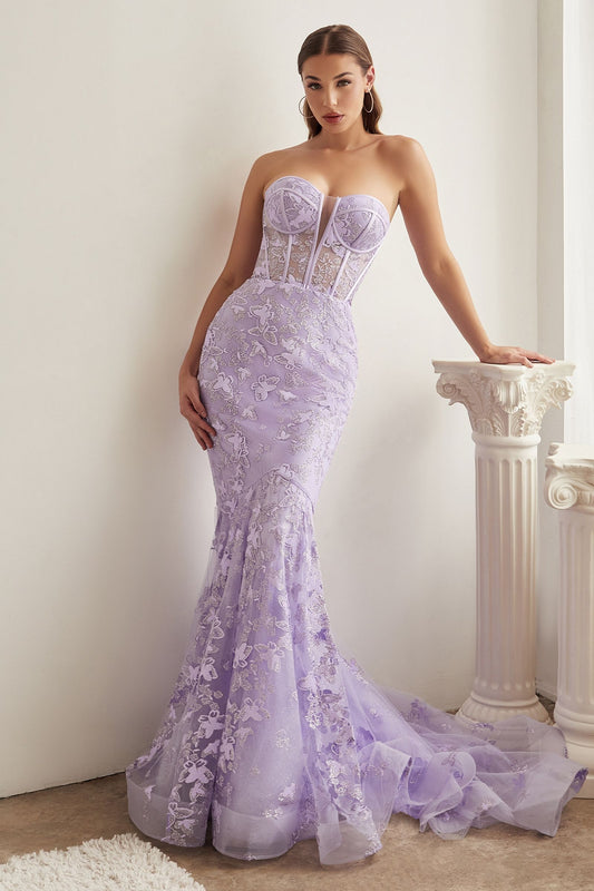 STRAPLESS BUTTERFLY PRINT MERMAID GOWN CDCB099-0