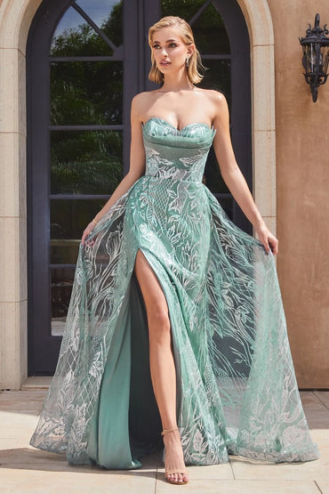 Mint Green & Slate Blue Strapless Gown with Detachable Overskirt | Metallic Pattern High Slit Dress  CDCB129-1