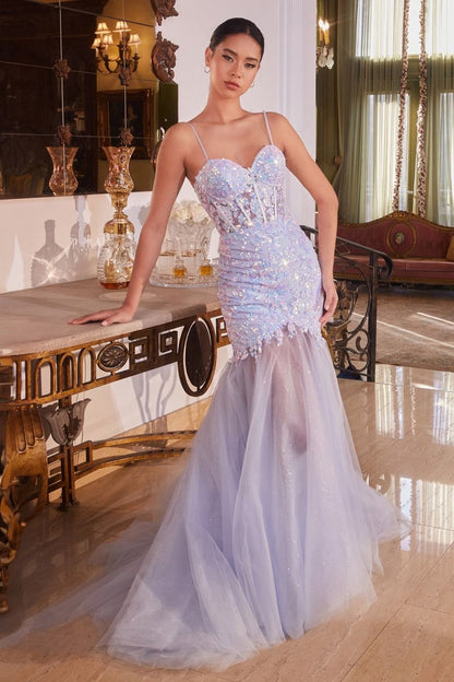 FLORAL SEQUINED LIGHT BLUE MERMAID GOWN CDCB148-0