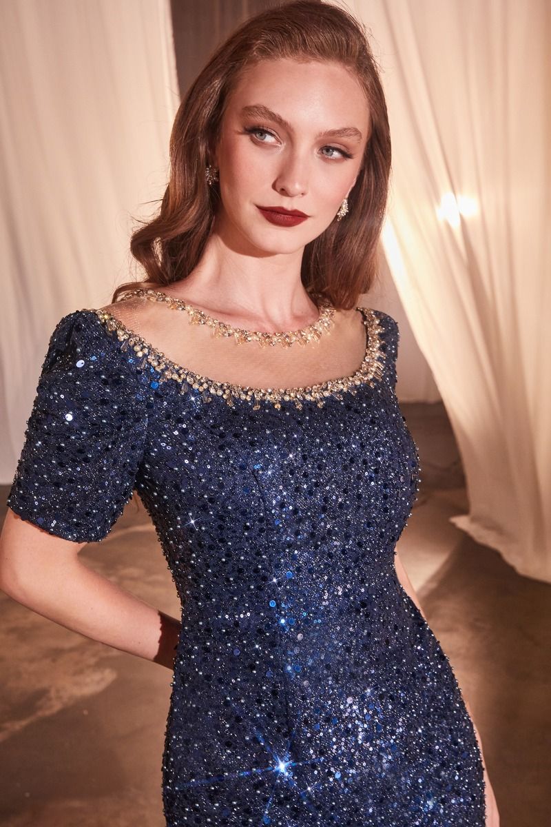 CAP SLEEVE FITTED SEQUIN GOWN CDCB151-3