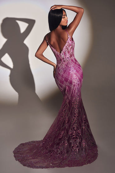 Fitted Glitter Mermaid Shimmer V-neck V-back Elongated Hem Long Prom & Bridesmaid Dress CDCC2168