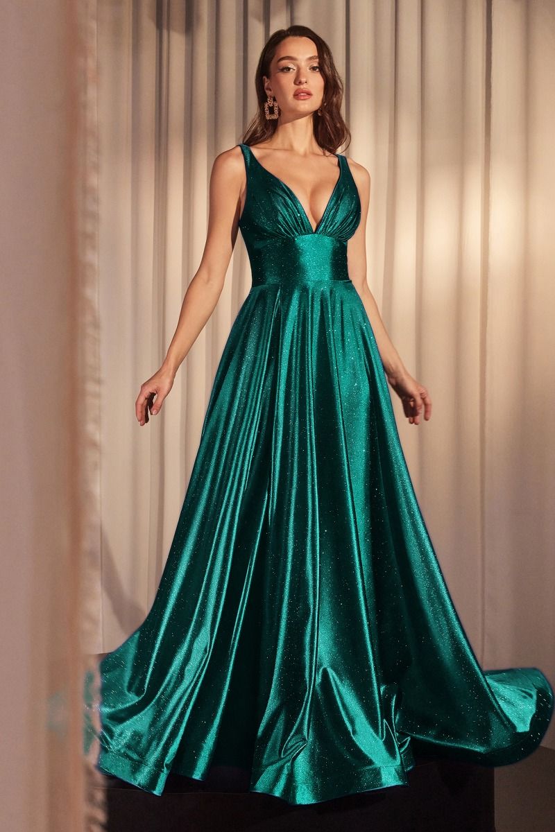 Glimmering Stretch Satin A-Line Celebration Gown w/ Deep V-Neck & Zipper Back CD CC2349-5