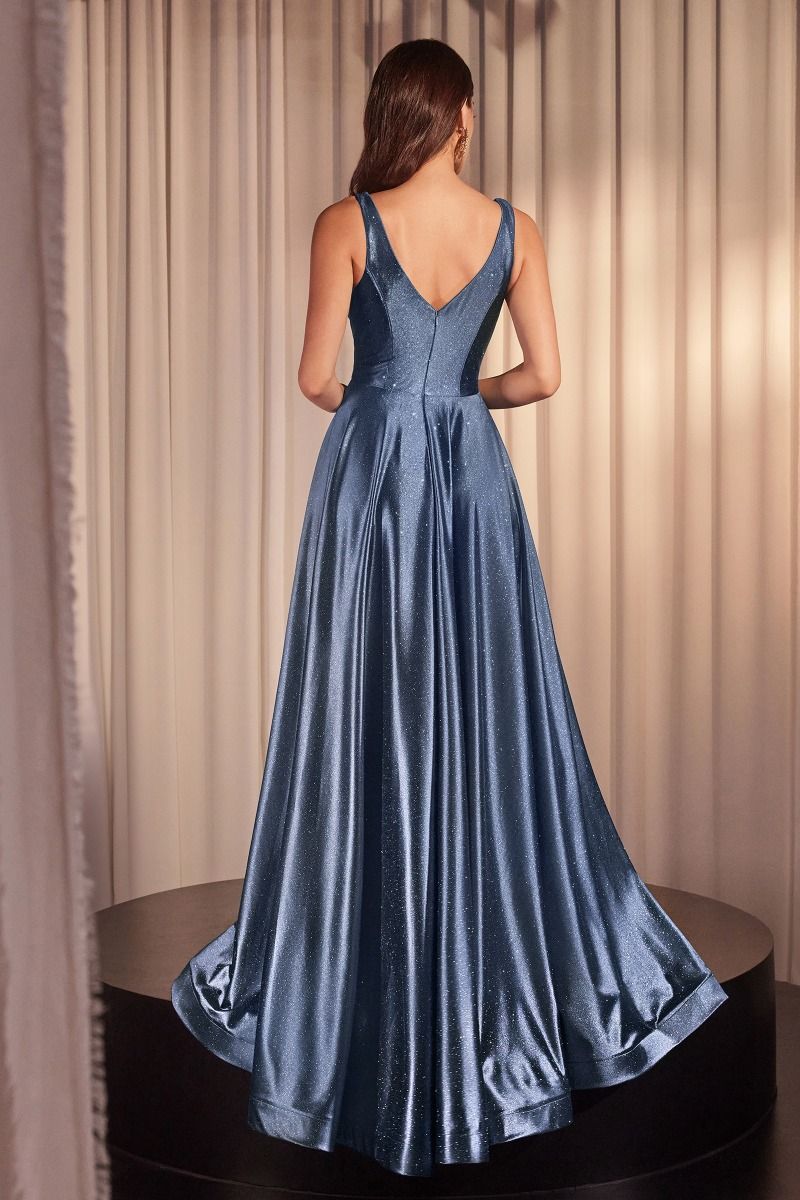 Glimmering Stretch Satin A-Line Side Slit Long Evening Dress CDCC2349