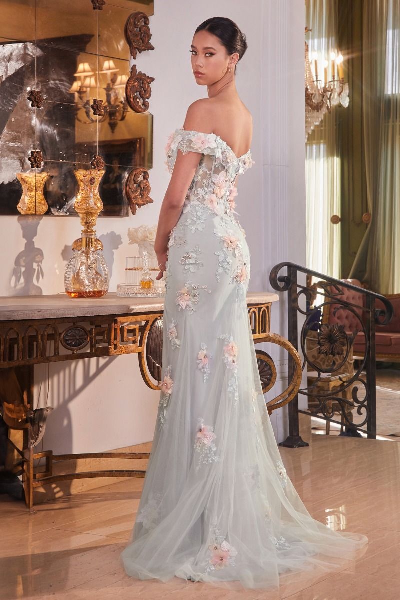 OFF THE SHOULDER FLORAL APPLIQUE GOWN CDCD005-1