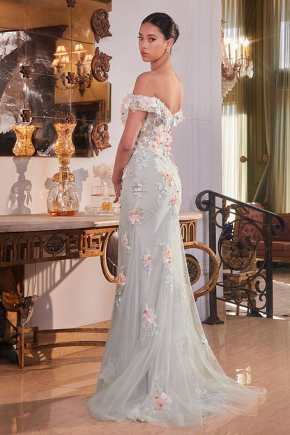 OFF THE SHOULDER FLORAL APPLIQUE GOWN CDCD005-1