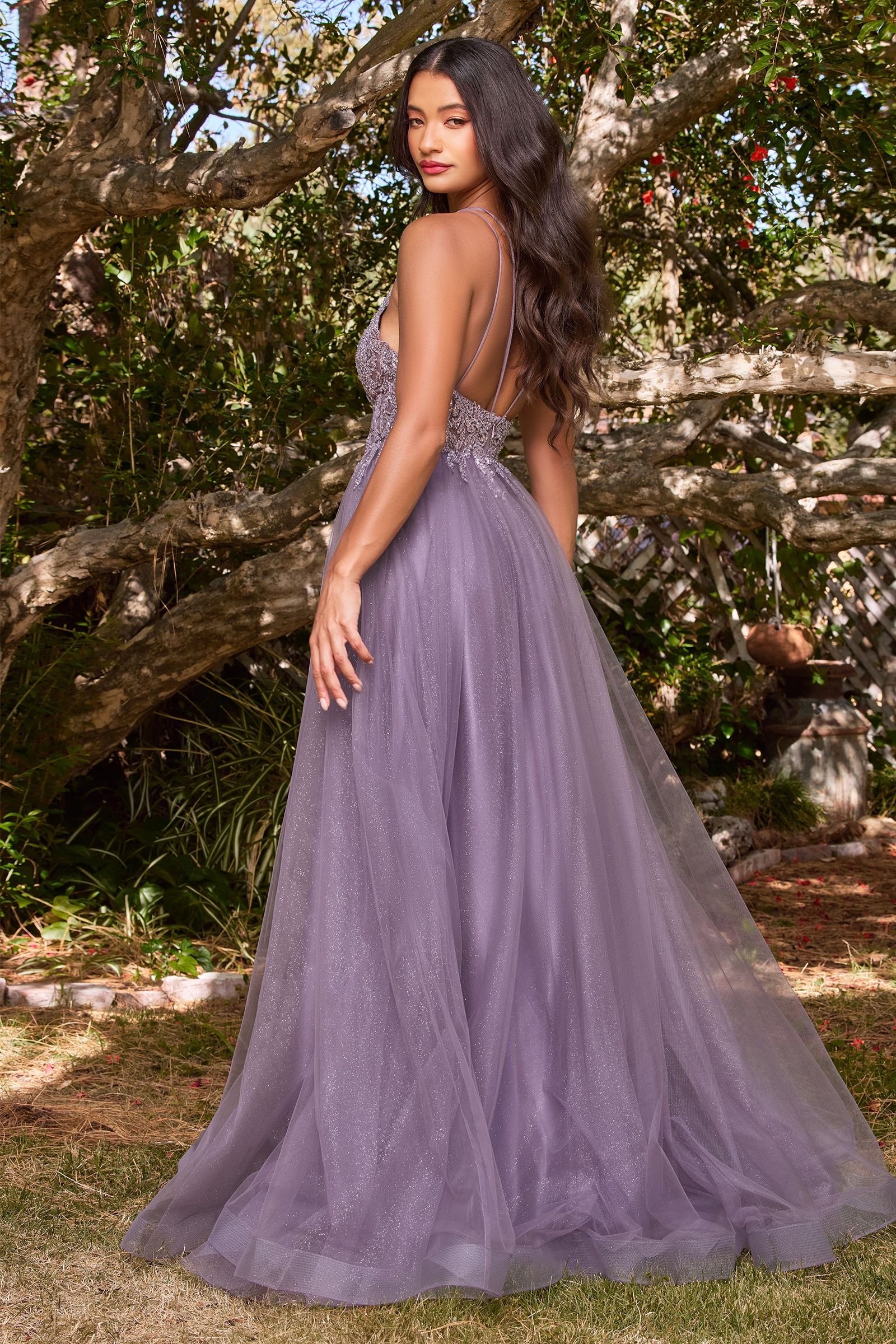 A-Line Layered Tulle Open Back Illusion V-Neck Long Prom Dress CDCD0154-4