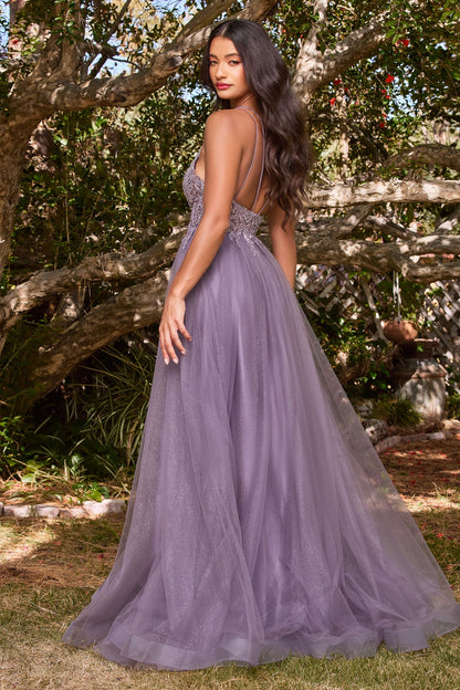 A-Line Layered Tulle Open Back Illusion V-Neck Long Prom Dress CDCD0154-4