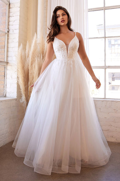 White Tulle A-Line Wedding Dress with Floral Appliqué and Plunging Neckline  CDCD0154W-0