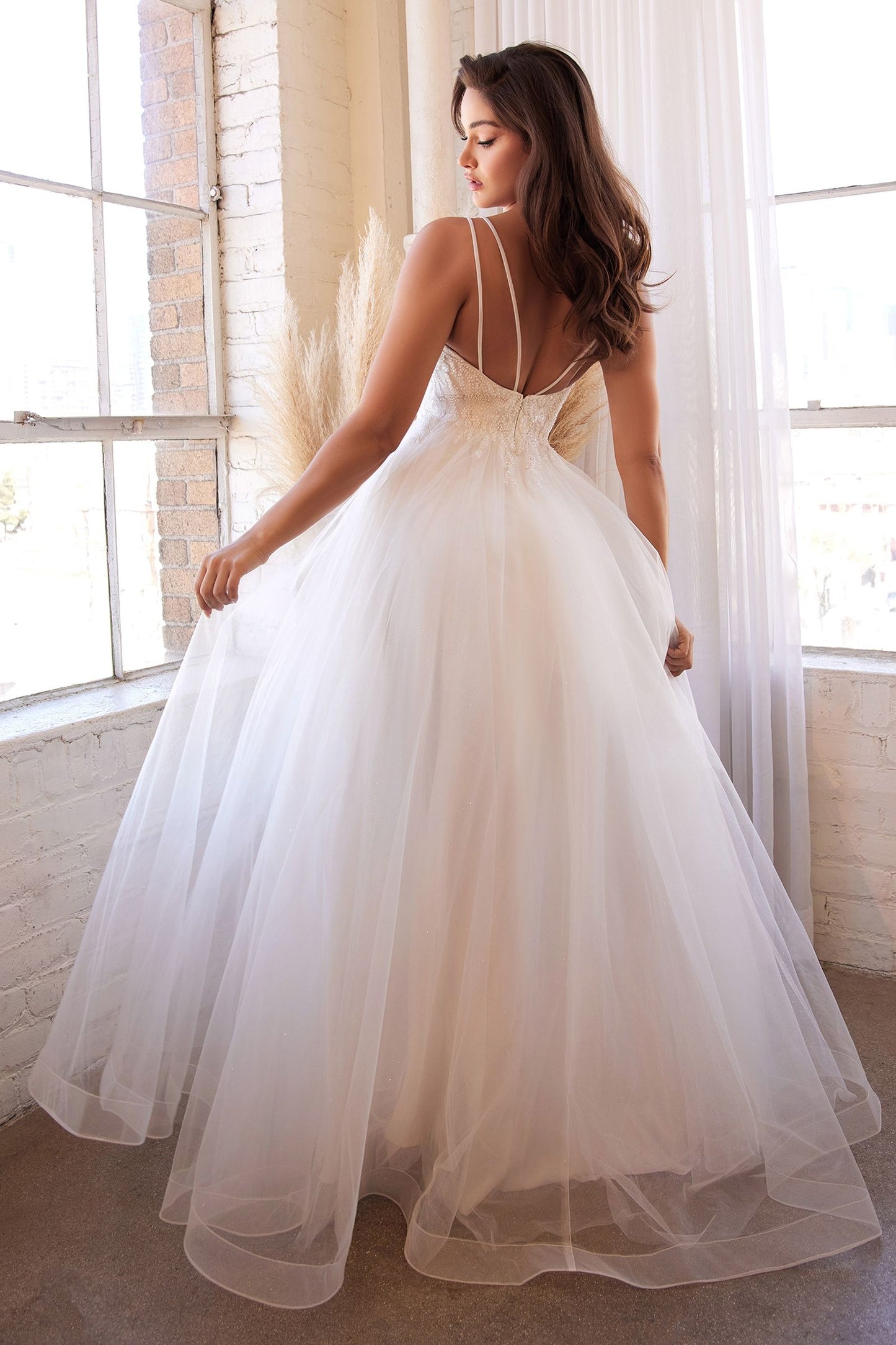 White Tulle A-Line Wedding Dress with Floral Appliqué and Plunging Neckline  CDCD0154W-2