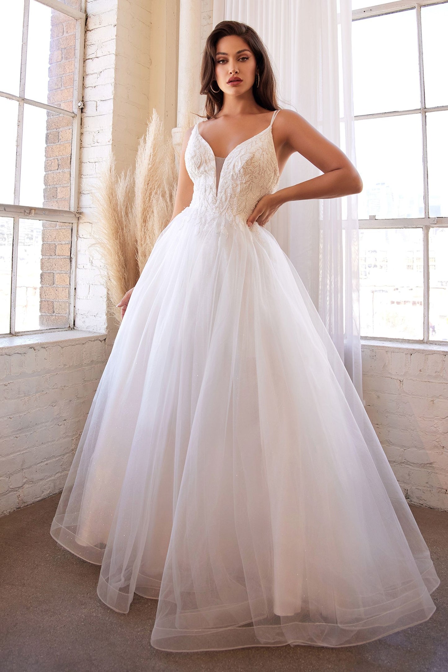 White Tulle A-Line Wedding Dress with Floral Appliqué and Plunging Neckline  CDCD0154W-4
