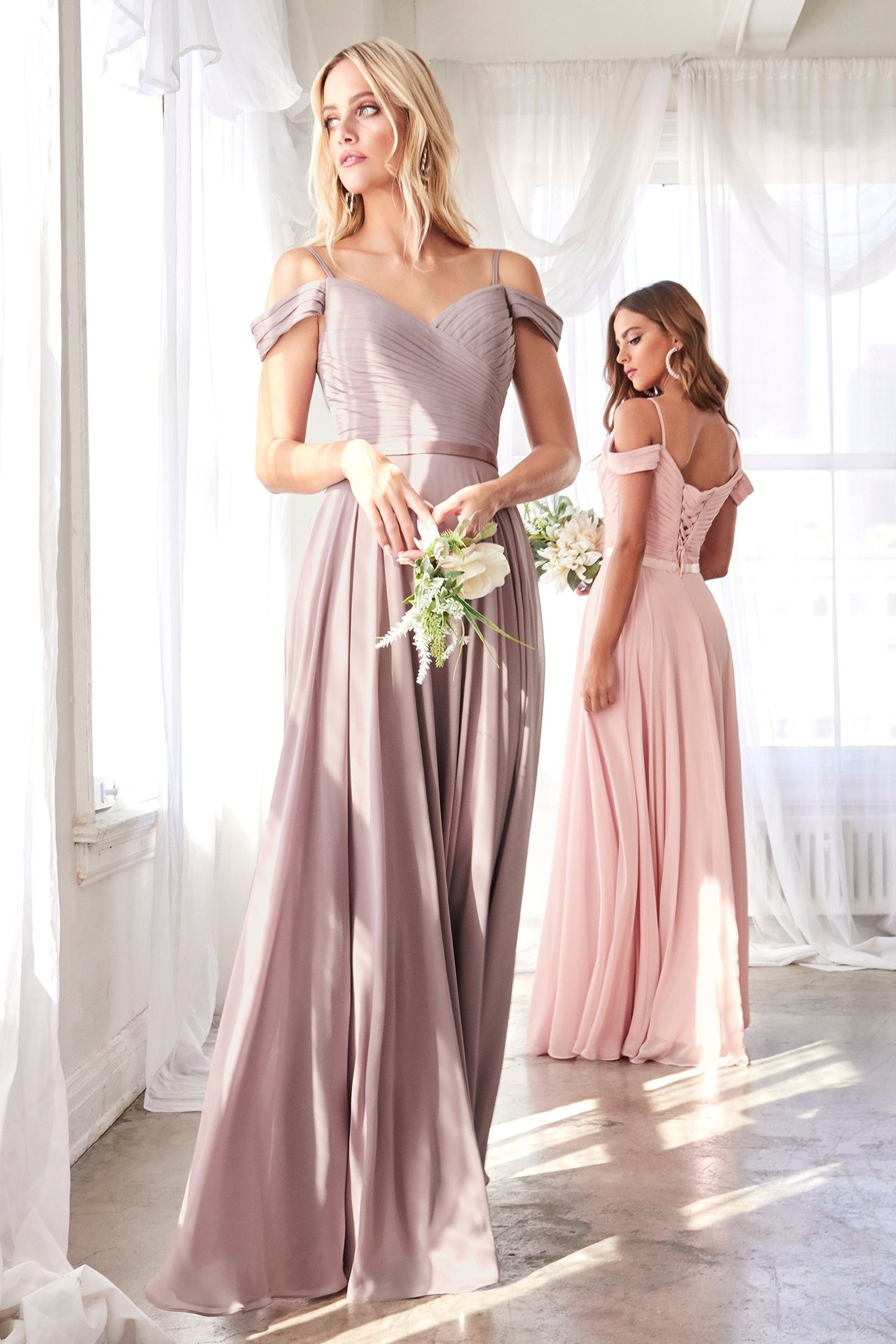 A-Line Chiffon Off Shoulder Corset Back Long Bridesmaid Dress CDCD0156-2