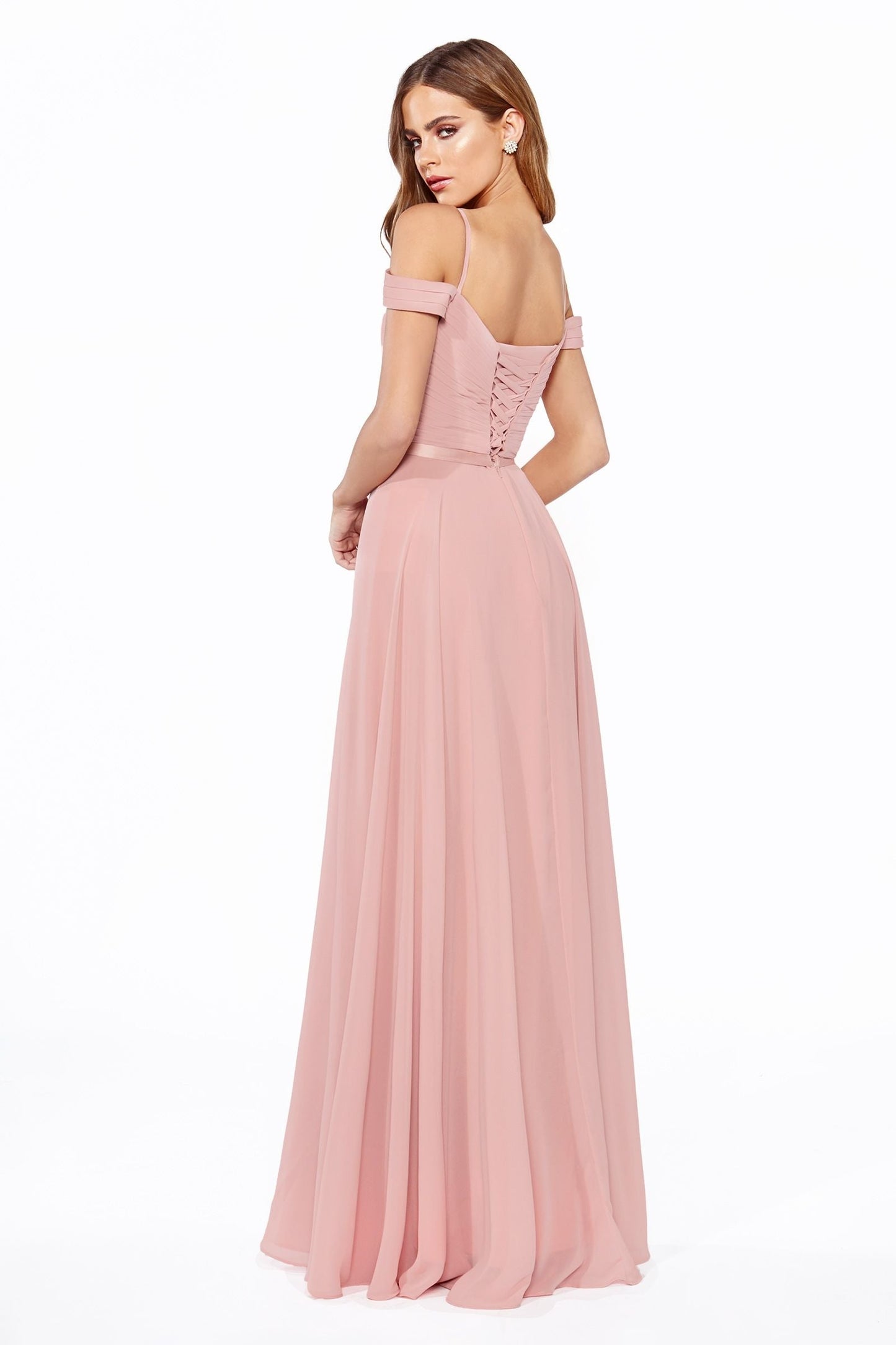 A-Line Chiffon Off Shoulder Corset Back Long Bridesmaid Dress CDCD0156-0