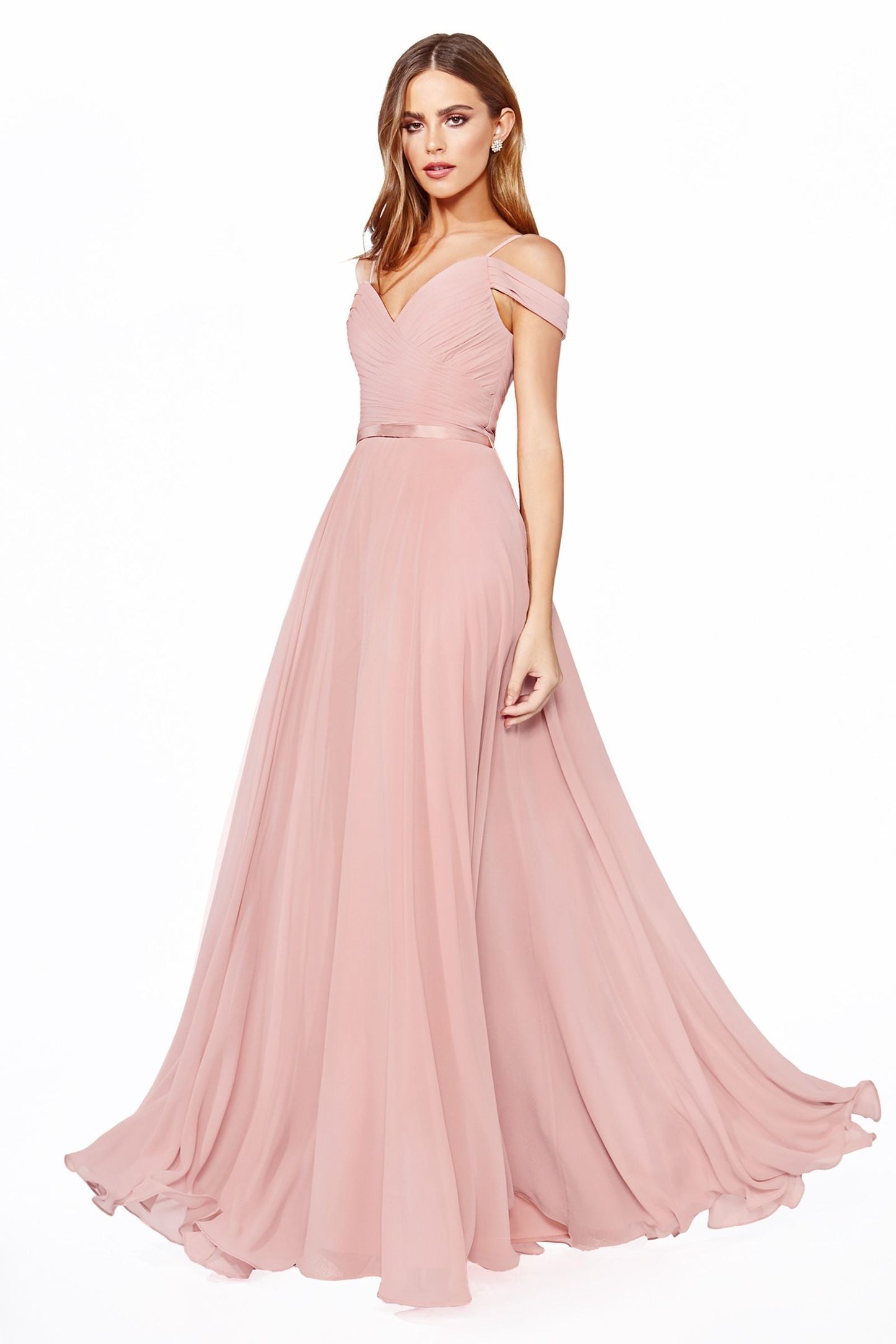 A-Line Chiffon Off Shoulder Corset Back Long Bridesmaid Dress CDCD0156-1