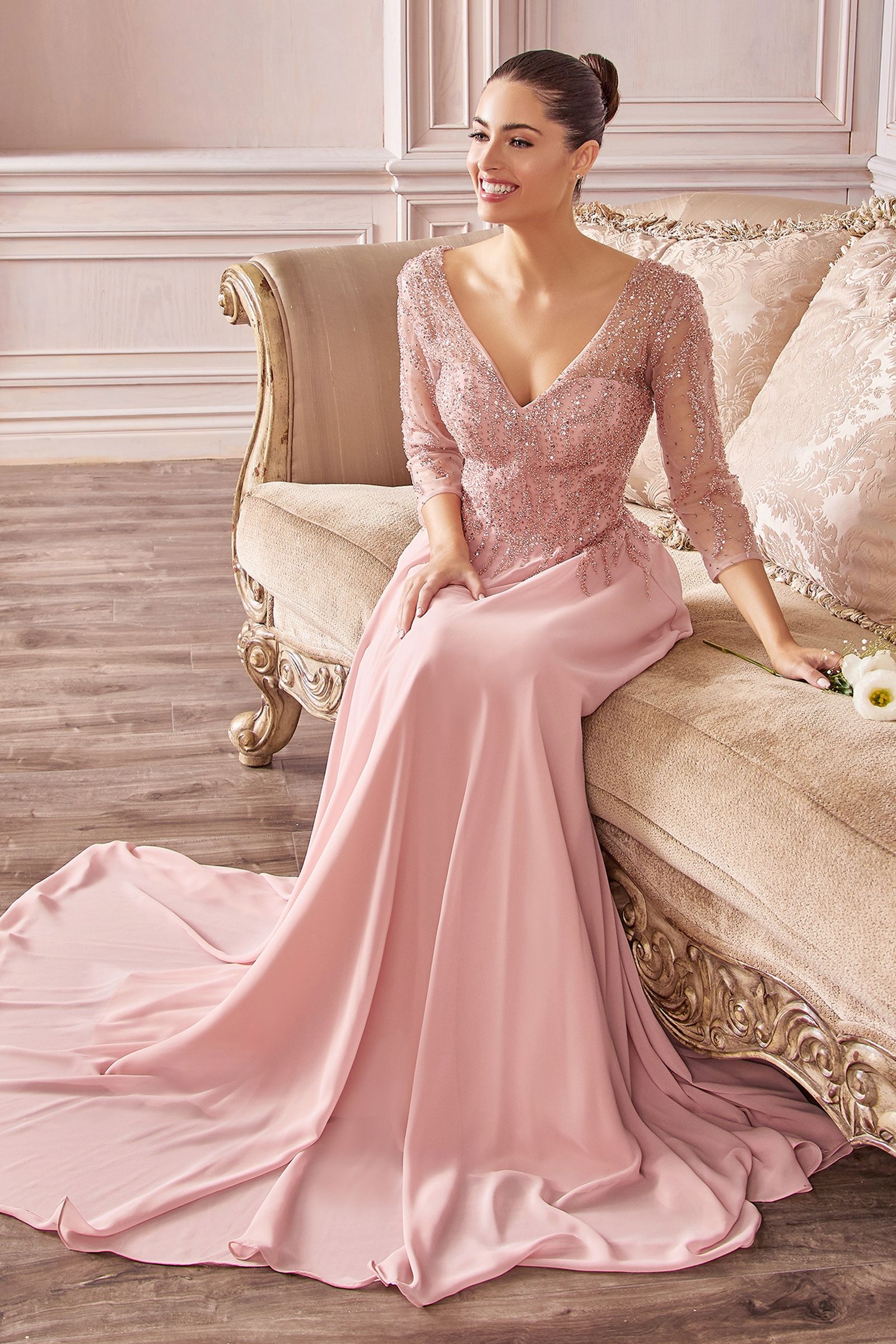 Flowy Chiffon A-line 3/4 Sleeves Embellished Bodice Long Mother Of The Bride Dress CDCD0171
