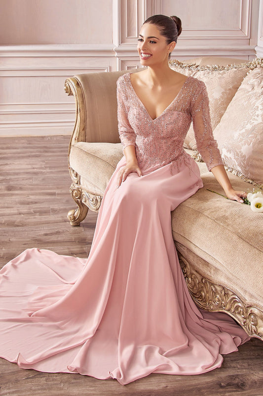 Flowy Chiffon A-line 3/4 Sleeves Embellished Bodice Long Mother Of The Bride Dress CDCD0171
