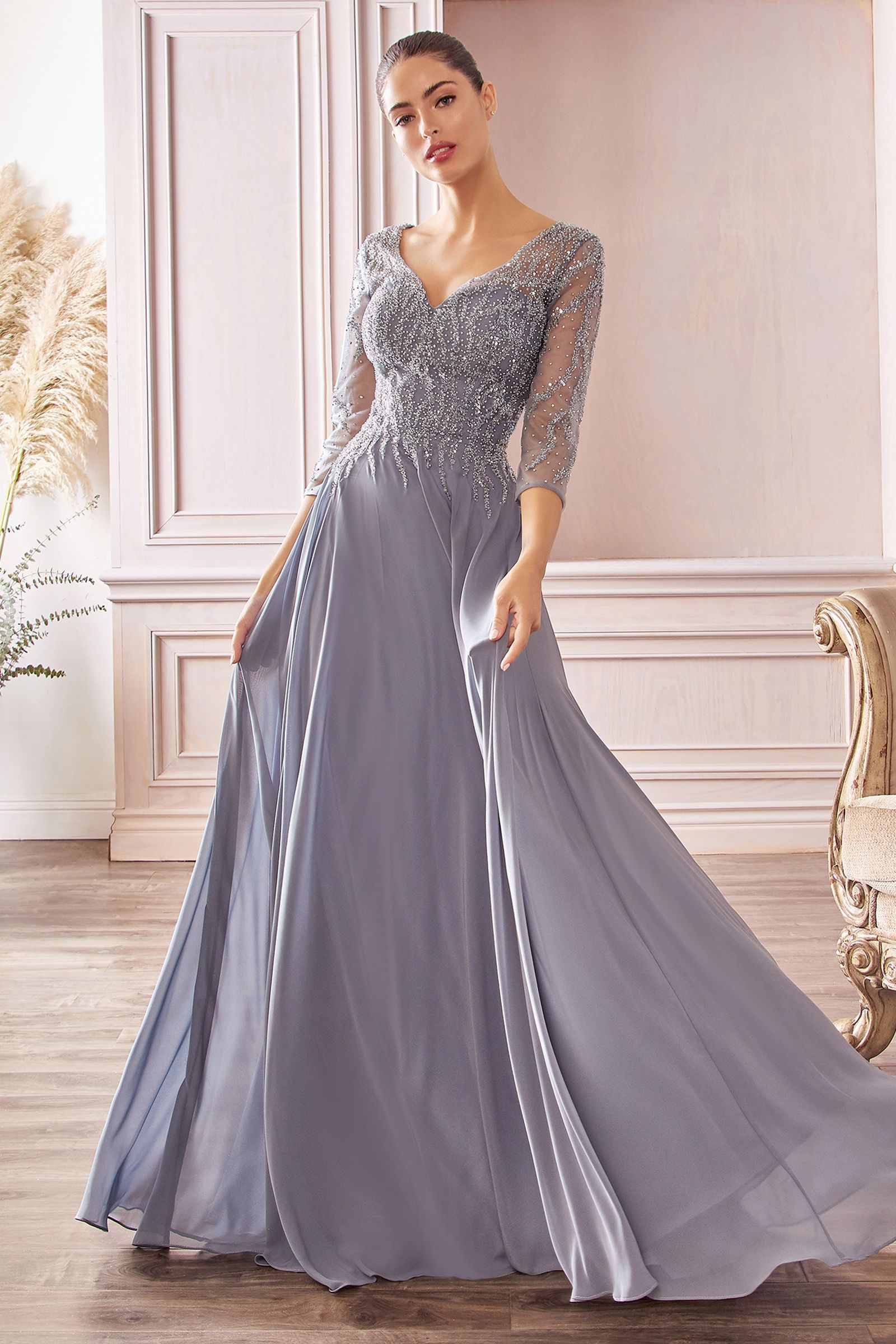 Flowy Chiffon A-line 3/4 Sleeves Embellished Bodice Long Mother Of The Bride Dress CDCD0171