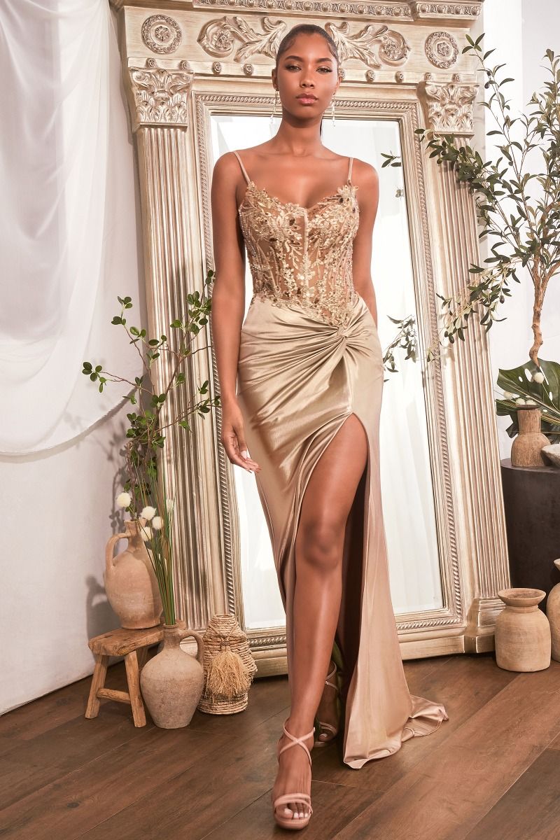 Rose, Teal, Olive, Purple & Red Satin Formal Gown with Beaded Corset | High Slit Evening Dress  CDCD0176-4