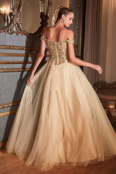 Off Shoulder A-line Sequin Bodice Glittery Layered Tulle Skirt Long Prom & Bridesmaid Dress CDCD0177-1
