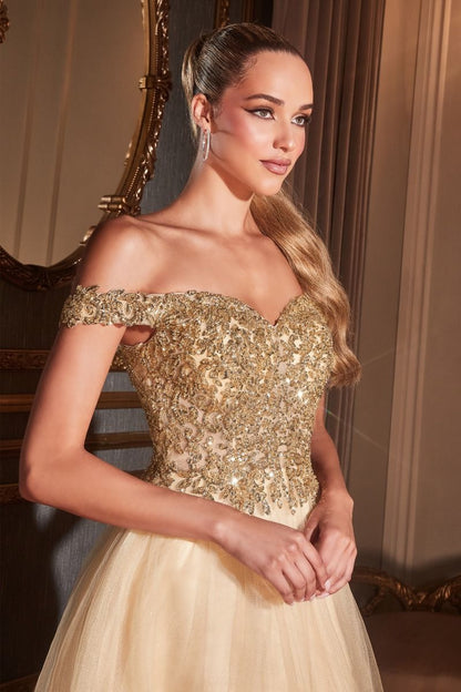 Off Shoulder A-line Sequin Bodice Glittery Layered Tulle Skirt Long Prom & Bridesmaid Dress CDCD0177-3