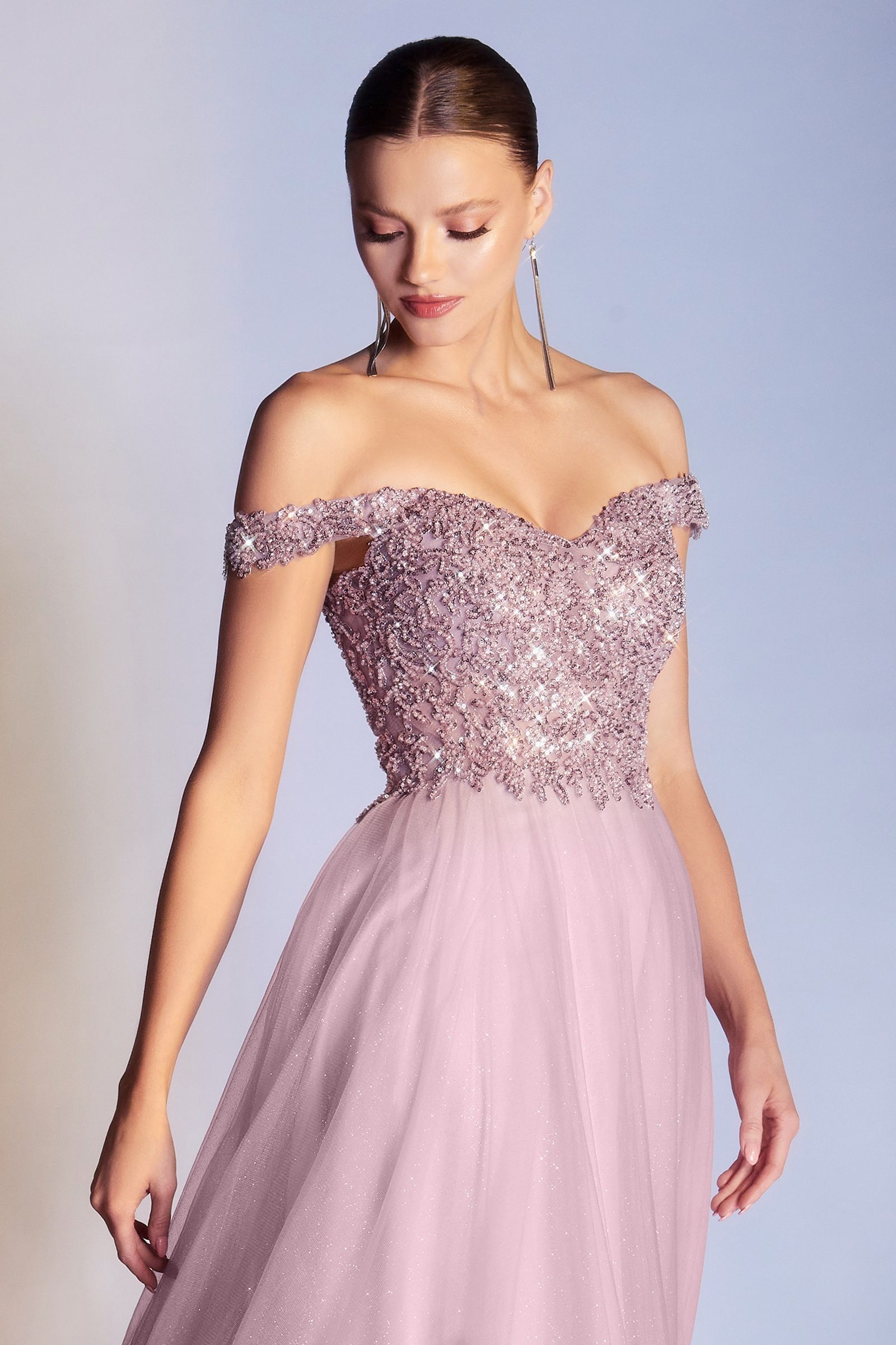 Off Shoulder A-line Sequin Bodice Glittery Layered Tulle Skirt Long Prom & Bridesmaid Dress CDCD0177-5