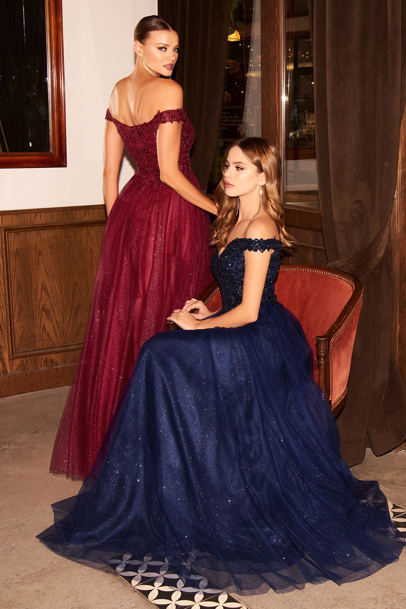 Off Shoulder A-line Sequin Bodice Glittery Layered Tulle Skirt Long Prom & Bridesmaid Dress CDCD0177-2