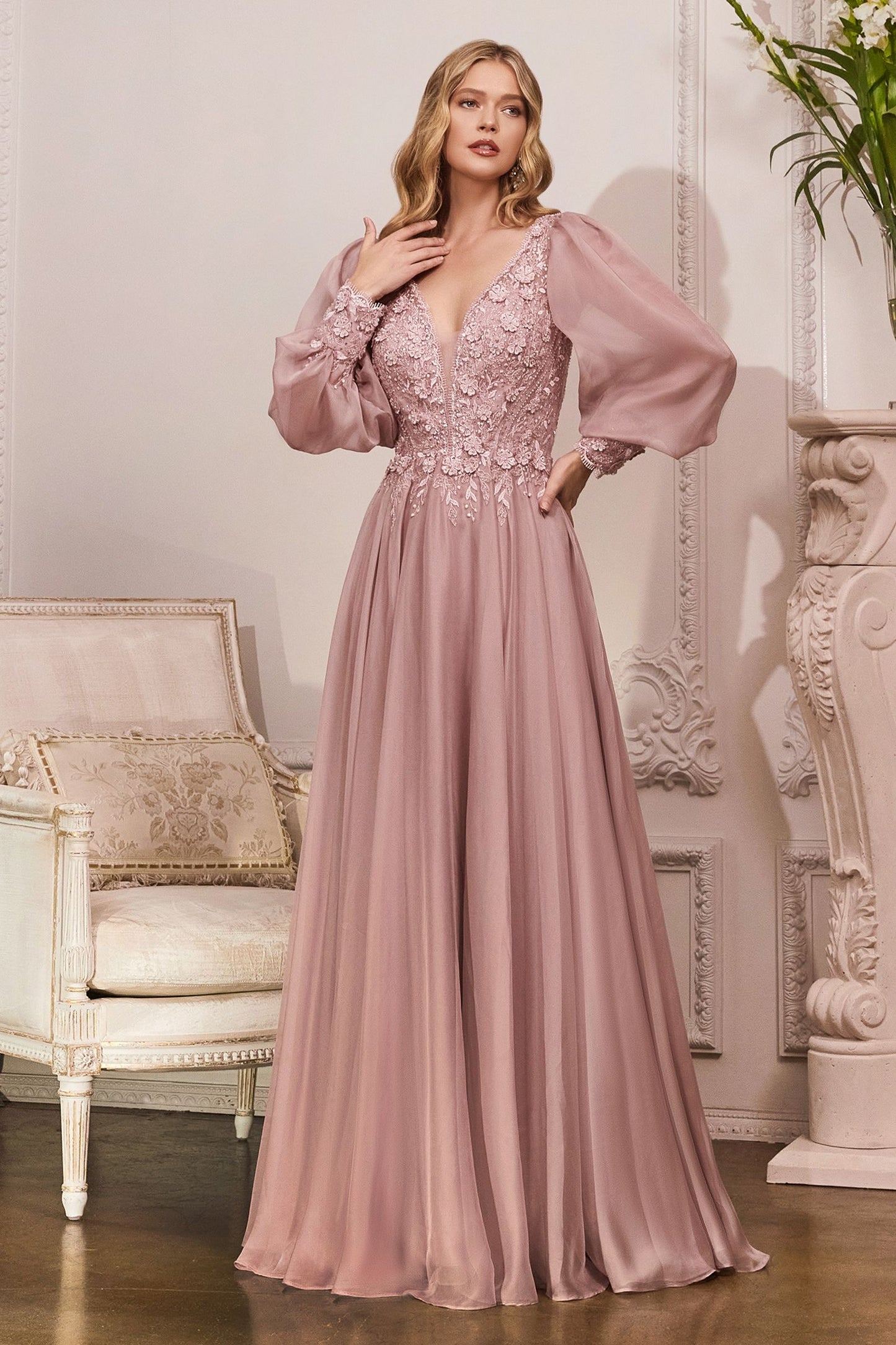 Elegant Long Puff Sleeves A-Line Chiffon Embellished V-Neck Long Evening & Prom Dress CDCD0183-4