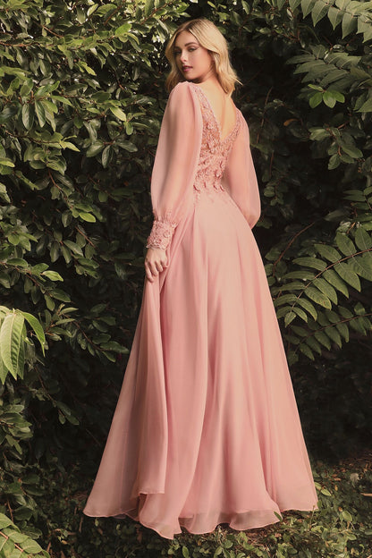 Elegant Long Puff Sleeves A-Line Chiffon Embellished V-Neck Long Evening & Prom Dress CDCD0183-0
