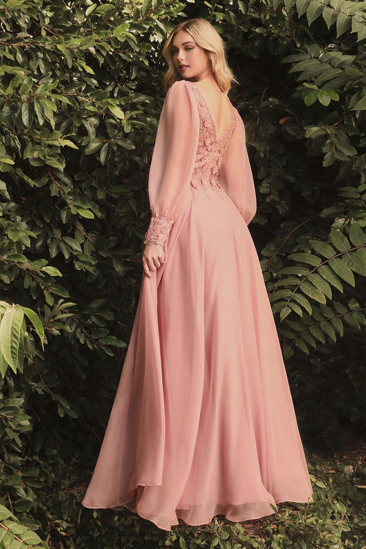 Elegant Long Puff Sleeves A-Line Chiffon Embellished V-Neck Long Evening & Prom Dress CDCD0183-0