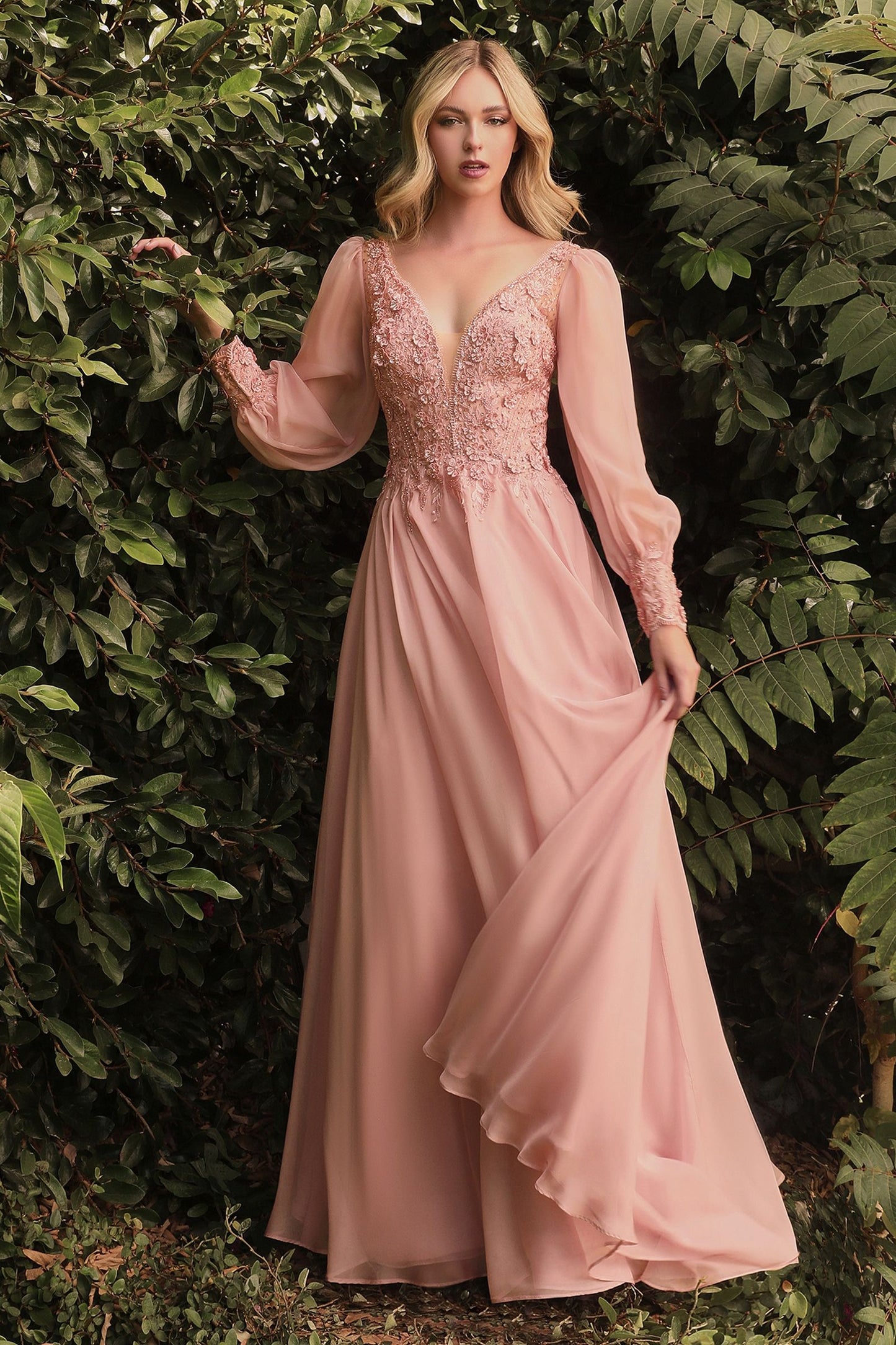 Elegant Long Puff Sleeves A-Line Chiffon Embellished V-Neck Long Evening & Prom Dress CDCD0183-1
