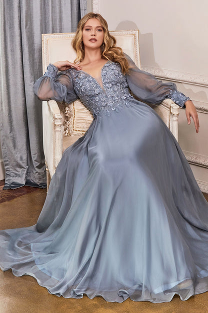 Elegant Long Puff Sleeves A-Line Chiffon Embellished V-Neck Long Evening & Prom Dress CDCD0183-3