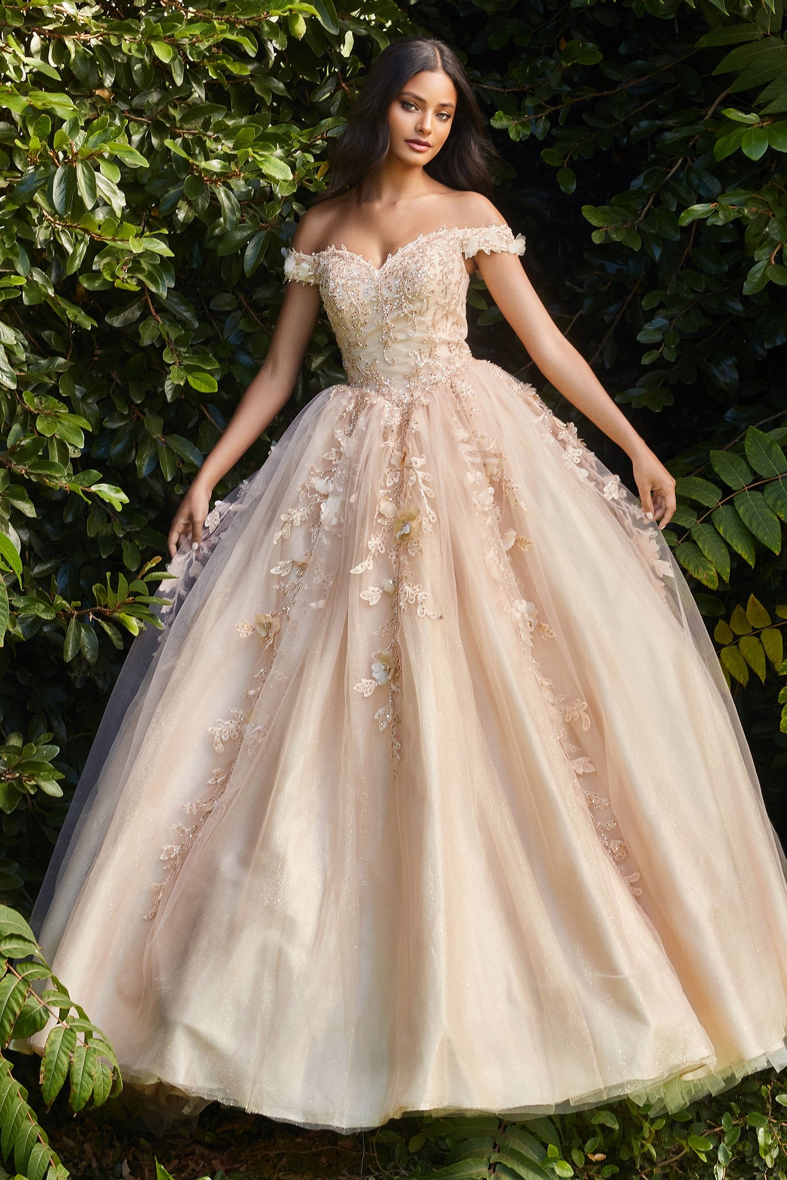 OFF THE SHOULDER LAYERED TULLE BALL GOWN CDCD0185-1