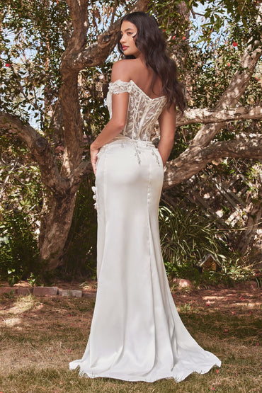 White Off-Shoulder Lace Corset Gown with High Slit – Bridal-Inspired Formal Dress CDCD0186W-1
