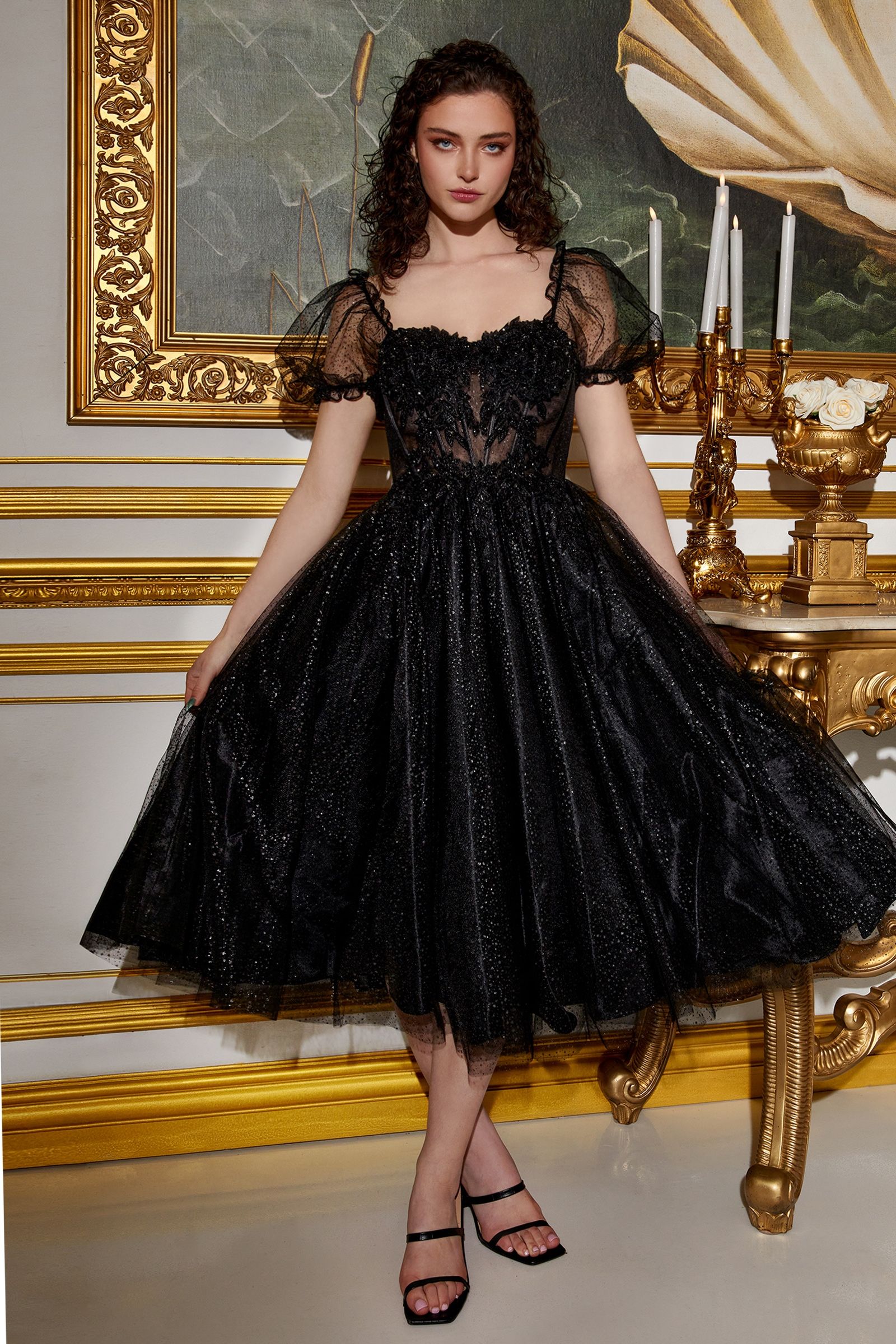 Black Glitter Corset Tea-Length Gown – Vintage-Inspired Tulle Dress with Puff Sleeves  CDCD0187-2