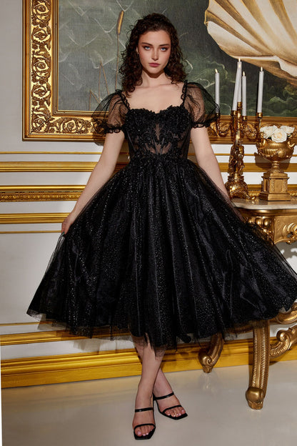 Black Glitter Corset Tea-Length Gown – Vintage-Inspired Tulle Dress with Puff Sleeves  CDCD0187-2