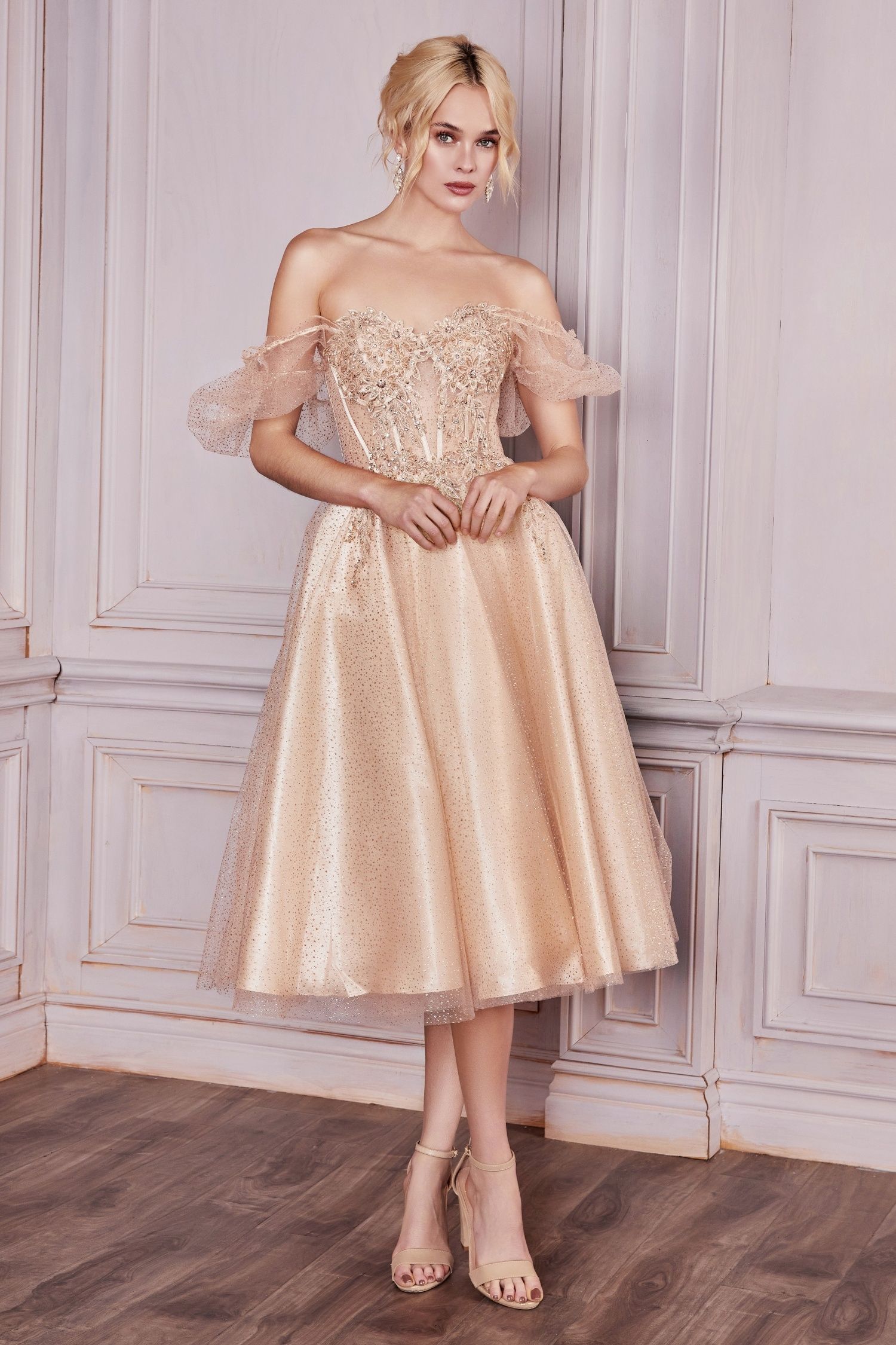 Layered Tulle Sheer Structured Corset Sweetheart Bodice Tea Length Prom & Bridesmaid Dress CDCD0187