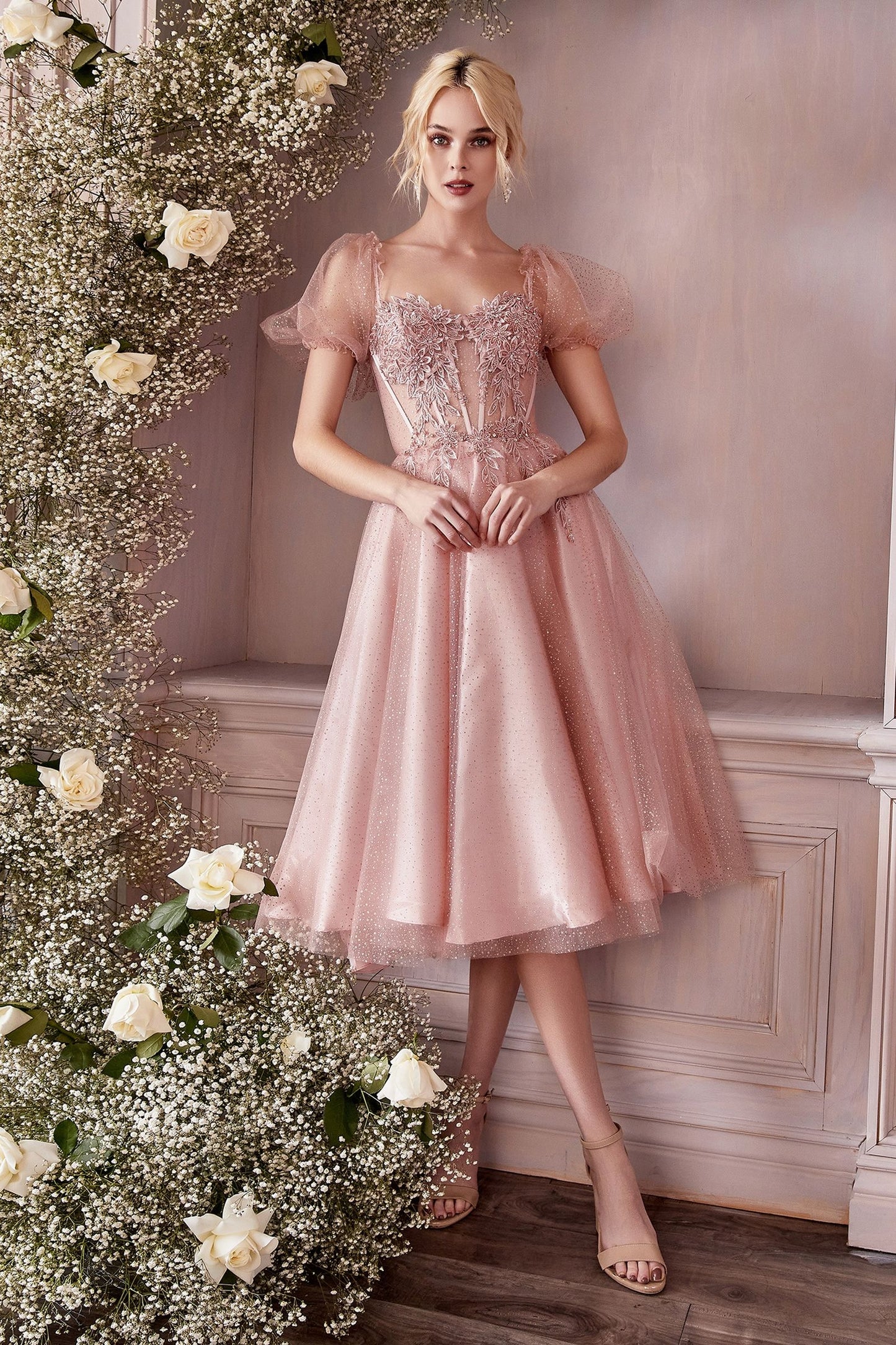 Black Glitter Corset Tea-Length Gown – Vintage-Inspired Tulle Dress with Puff Sleeves  CDCD0187-3