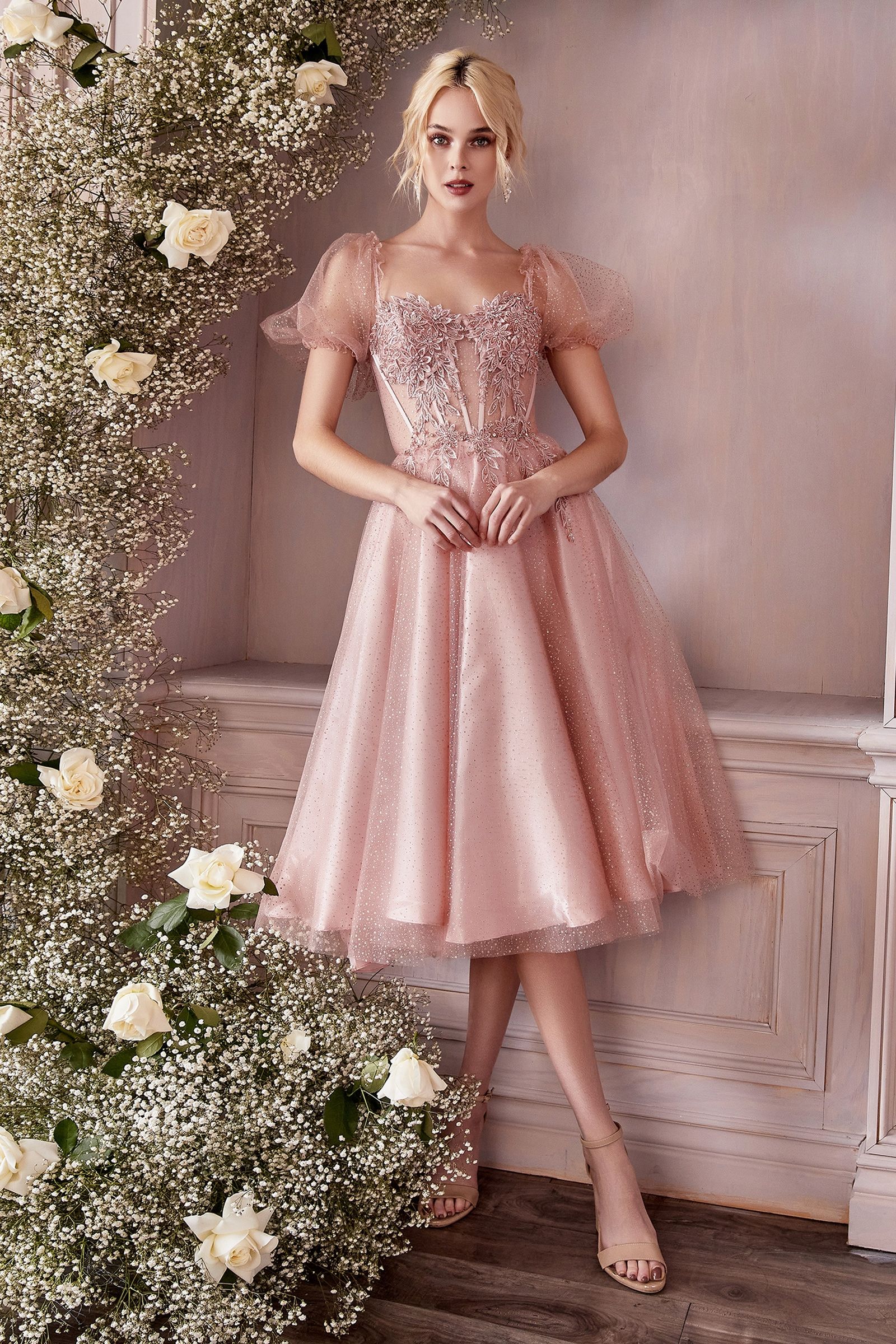 Black Glitter Corset Tea-Length Gown – Vintage-Inspired Tulle Dress with Puff Sleeves  CDCD0187-3