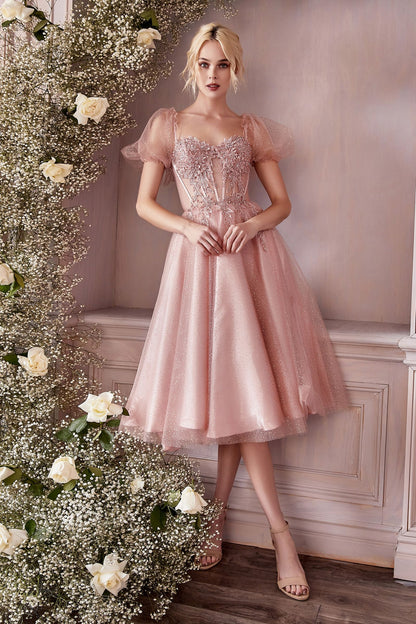 Black Glitter Corset Tea-Length Gown – Vintage-Inspired Tulle Dress with Puff Sleeves  CDCD0187-3