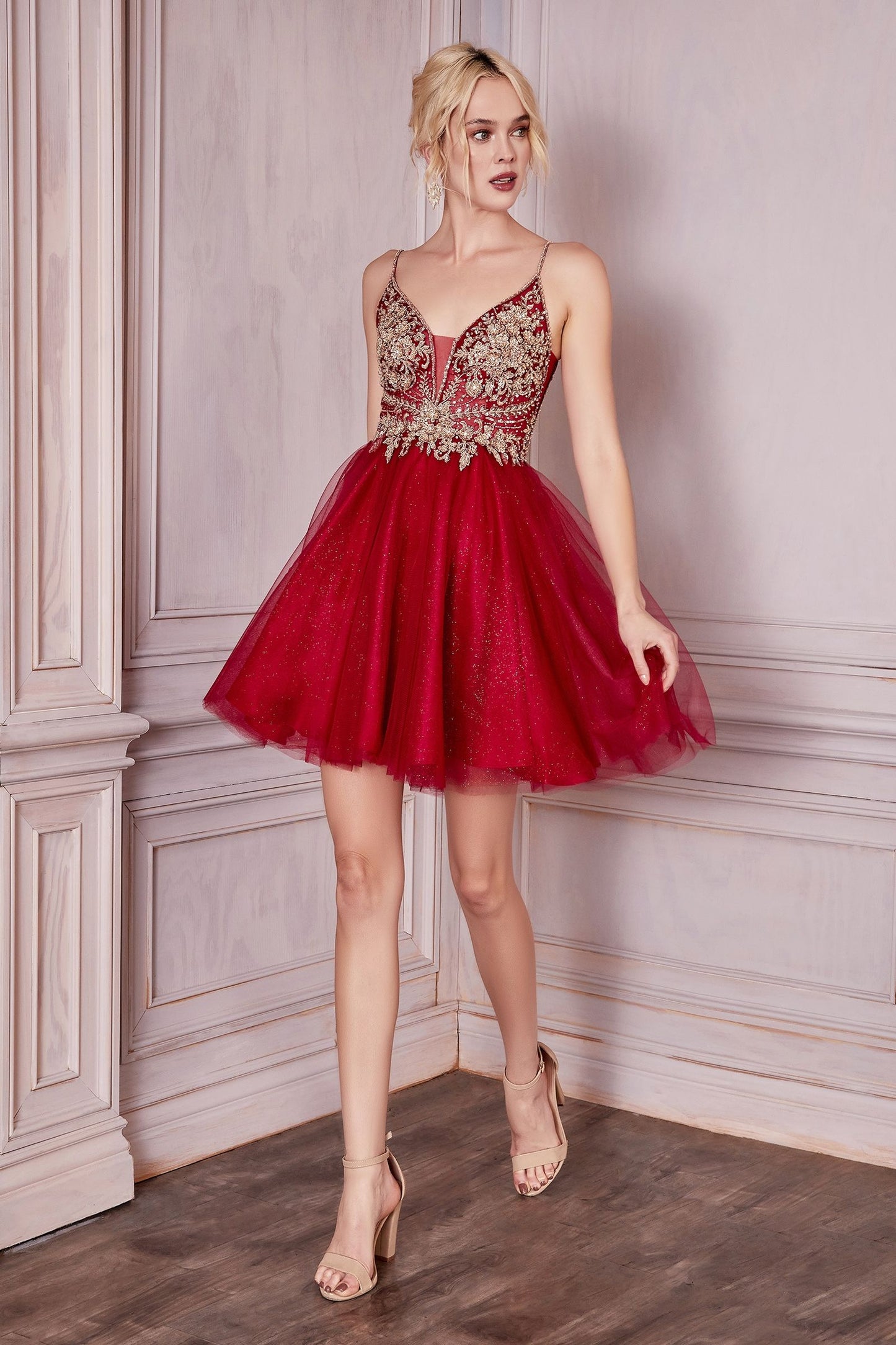 Blush, Burgundy, Sky Blue Floral Appliqué Glitter Tulle Short Dress  CDCD0190-1