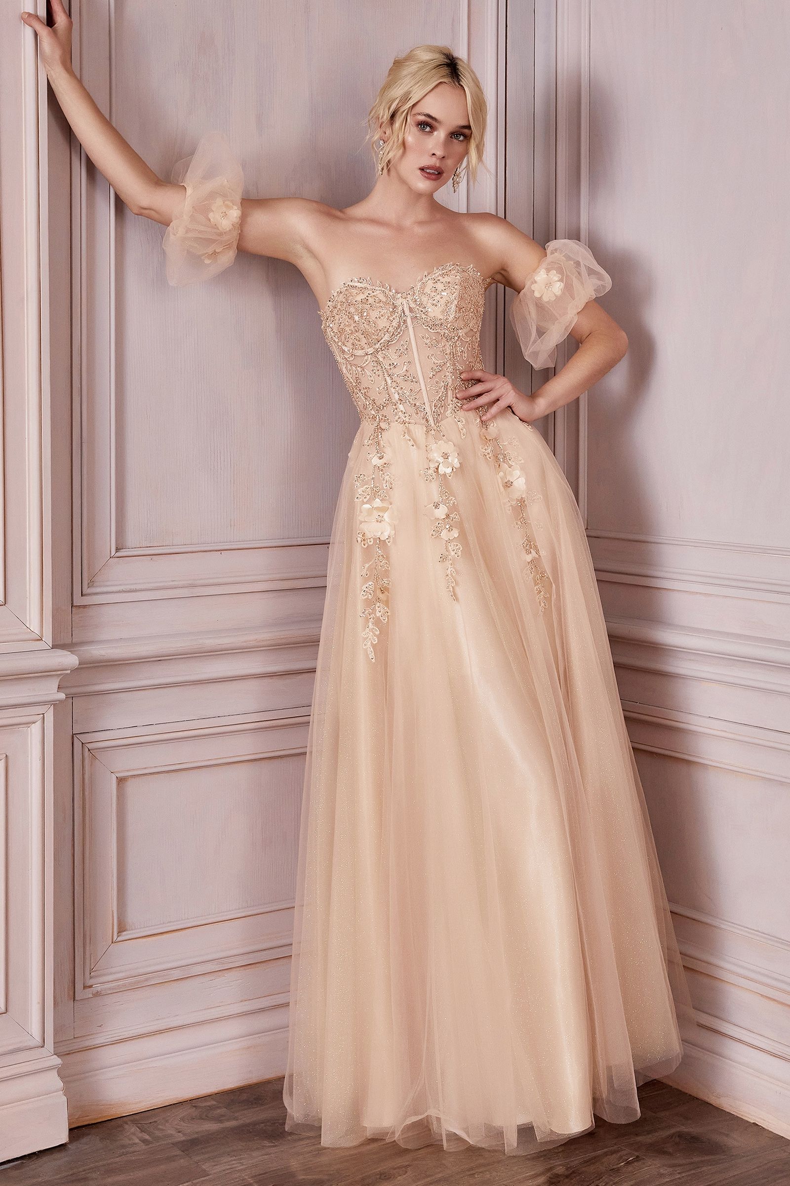 Dusty Blue, Champagne Off-Shoulder Floral Corset Tulle Ball Gown CDCD0191-2